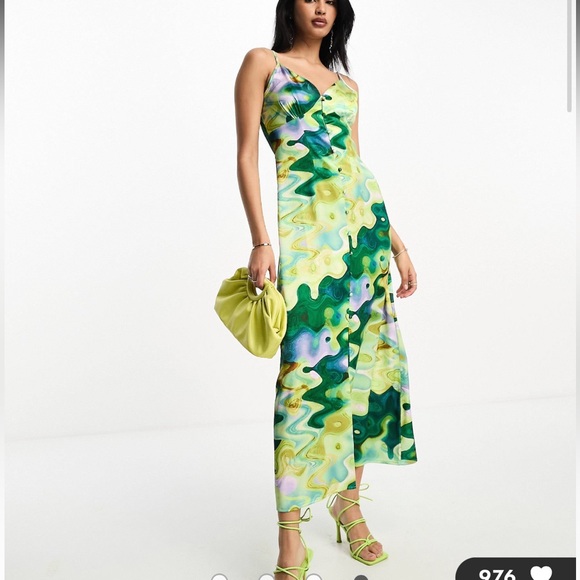 Brand New - Never Fully Dressed - satin midaxi dress in green marble print - Picture 2 of 5